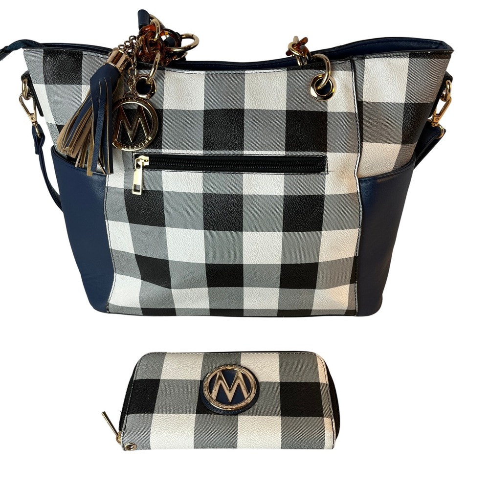 Mia K Collection Buffalo Plaid Tote Bag Navy Crossbody Purse Wallet Set